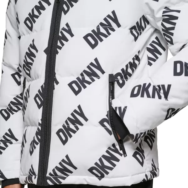 DKNY Mens Shawn Quilted Mixed Media Hooded Puffer JacketWhite Dkny Logo Print