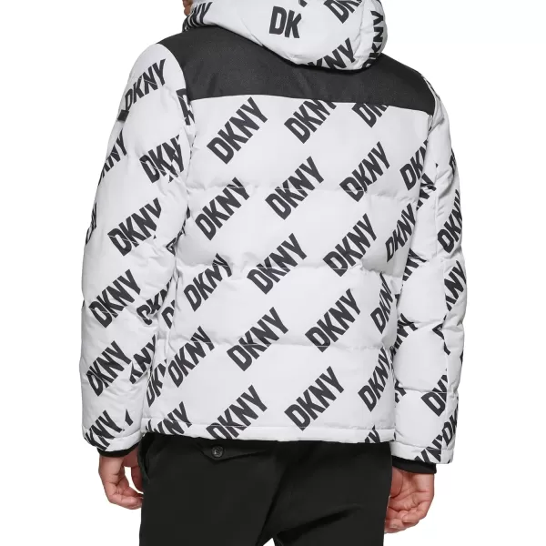 DKNY Mens Shawn Quilted Mixed Media Hooded Puffer JacketWhite Dkny Logo Print