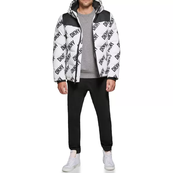 DKNY Mens Shawn Quilted Mixed Media Hooded Puffer JacketWhite Dkny Logo Print