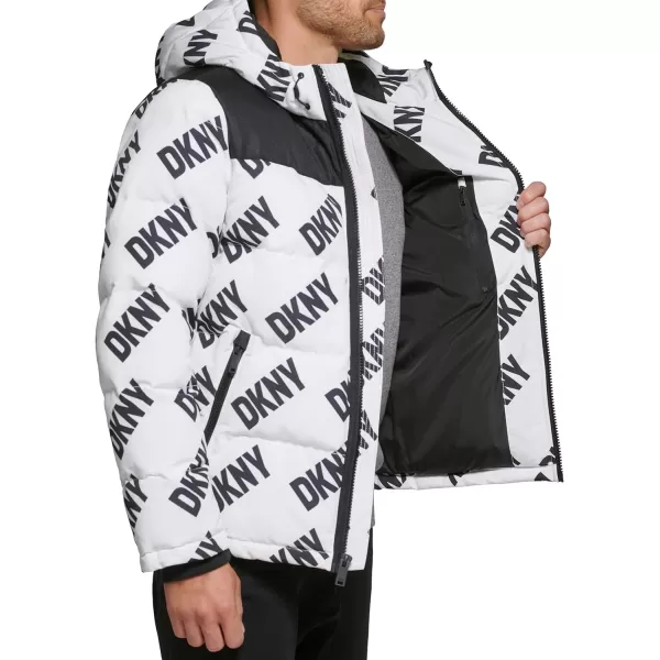 DKNY Mens Shawn Quilted Mixed Media Hooded Puffer JacketWhite Dkny Logo Print