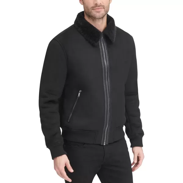 DKNY Mens Shearling Bomber Jacket with Faux Fur CollarBlack