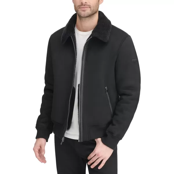 DKNY Mens Shearling Bomber Jacket with Faux Fur CollarBlack