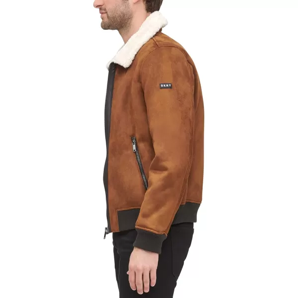 DKNY Mens Shearling Bomber Jacket with Faux Fur CollarBrown