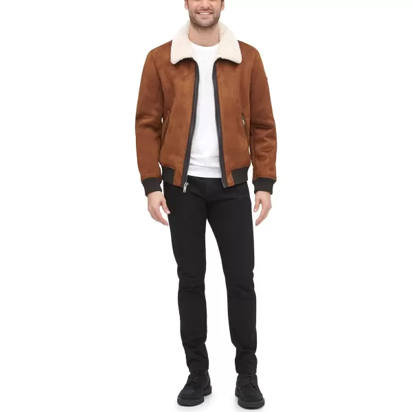 DKNY Mens Shearling Bomber Jacket with Faux Fur CollarBrown