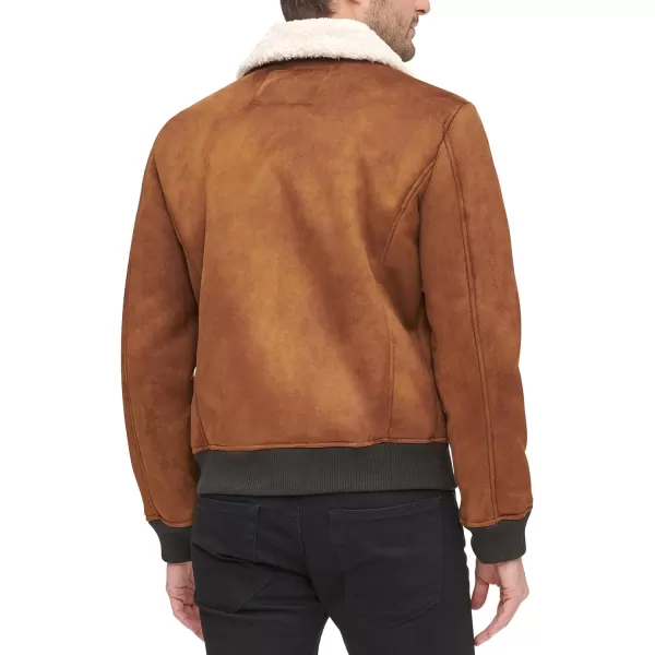 DKNY Mens Shearling Bomber Jacket with Faux Fur CollarBrown