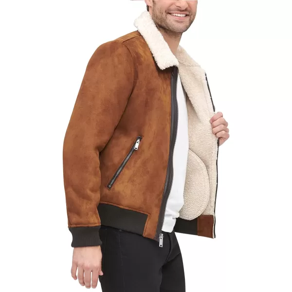 DKNY Mens Shearling Bomber Jacket with Faux Fur CollarBrown