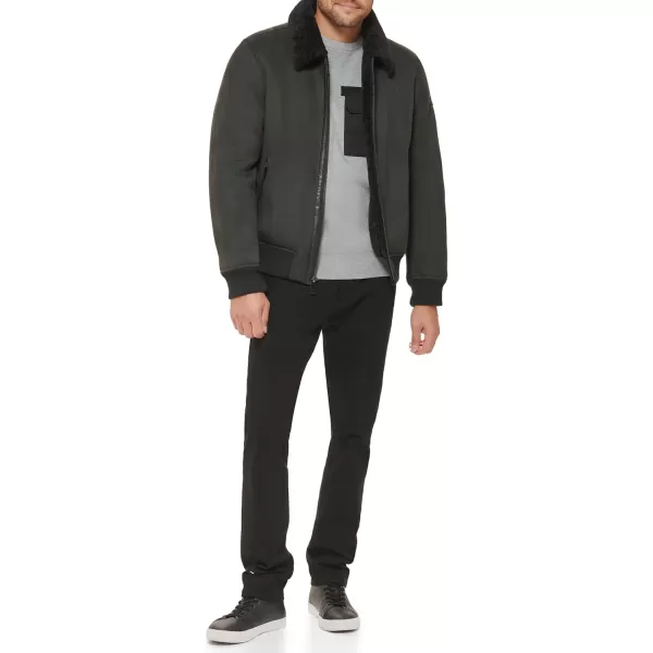 DKNY Mens Shearling Bomber Jacket with Faux Fur CollarJet Grey