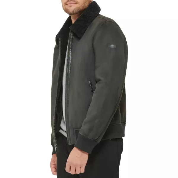 DKNY Mens Shearling Bomber Jacket with Faux Fur CollarJet Grey