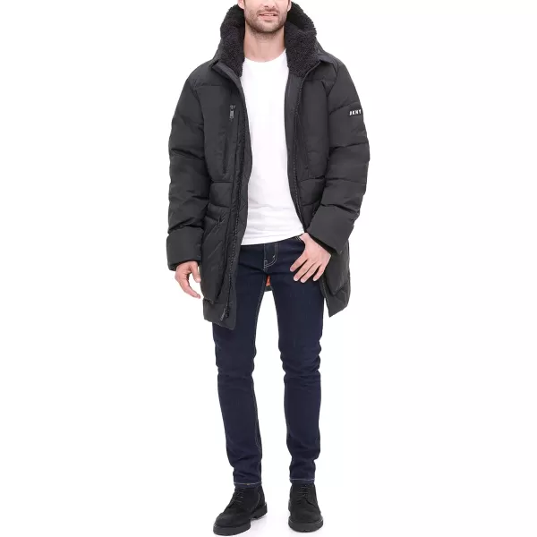 DKNY Mens Ultra Loft Full Length Quilted Parka with Sherpa Lined HoodBlack