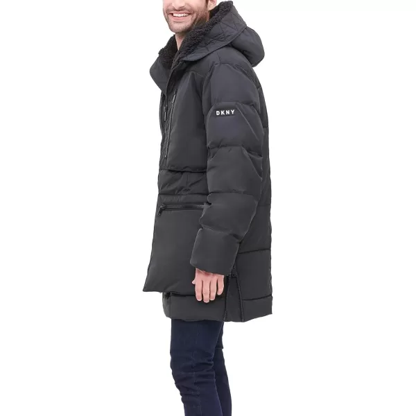 DKNY Mens Ultra Loft Full Length Quilted Parka with Sherpa Lined HoodBlack