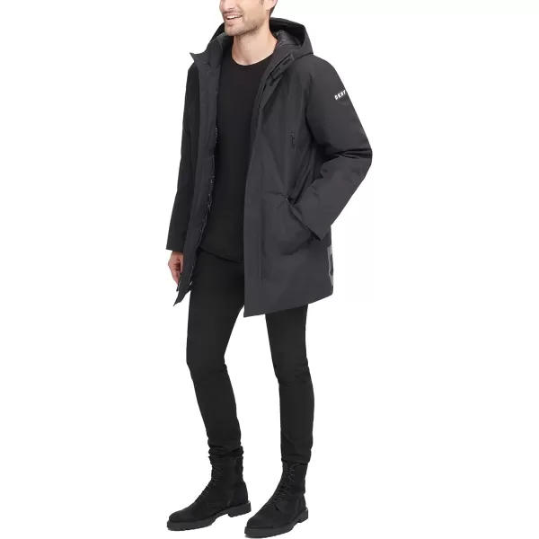 DKNY Mens Water Resistant Hooded Logo Parka JacketBlack