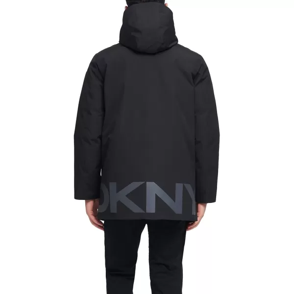 DKNY Mens Water Resistant Hooded Logo Parka JacketBlack