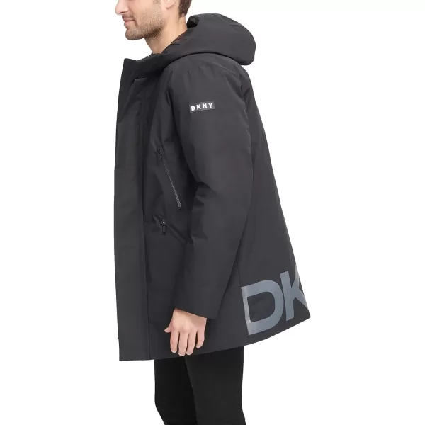 DKNY Mens Water Resistant Hooded Logo Parka JacketBlack