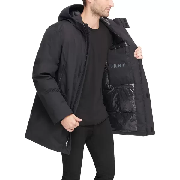 DKNY Mens Water Resistant Hooded Logo Parka JacketBlack