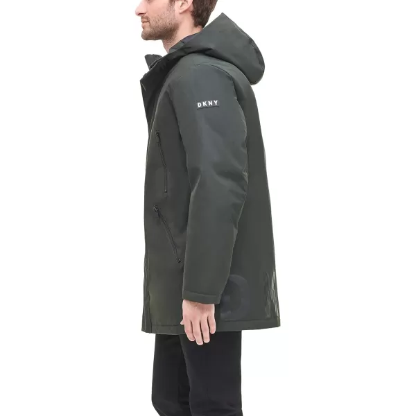 DKNY Mens Water Resistant Hooded Logo Parka JacketDark Olive