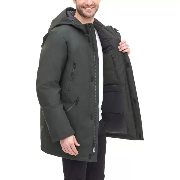 DKNY Mens Water Resistant Hooded Logo Parka JacketDark Olive