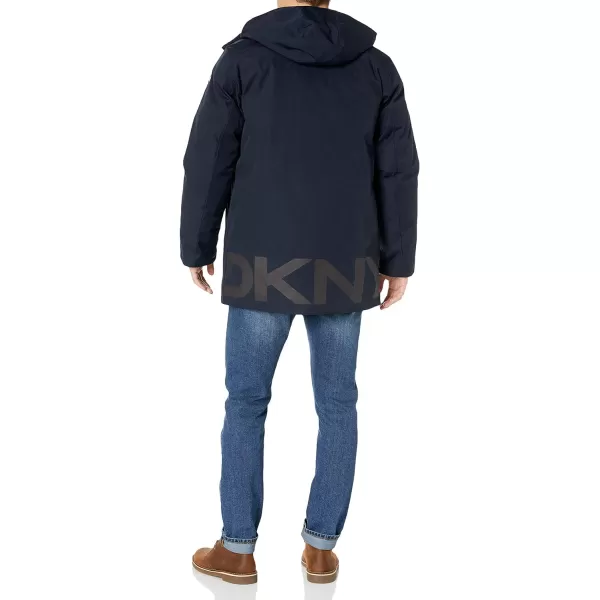 DKNY Mens Water Resistant Hooded Logo Parka JacketNavy