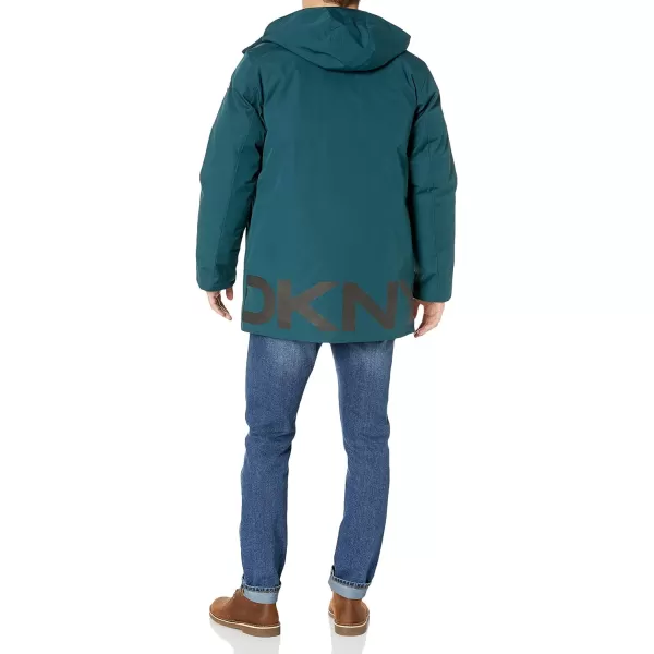 DKNY Mens Water Resistant Hooded Logo Parka JacketTeal