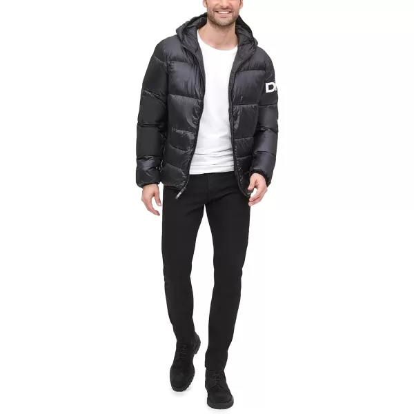 DKNY Mens Water Resistant Ultra Loft Hooded Logo Puffer Jacket Standard and Big amp TallBlack