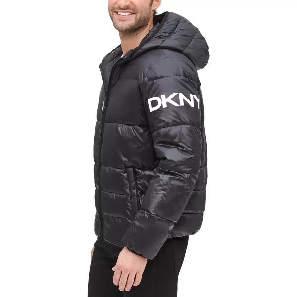 DKNY Mens Water Resistant Ultra Loft Hooded Logo Puffer Jacket Standard and Big amp TallBlack