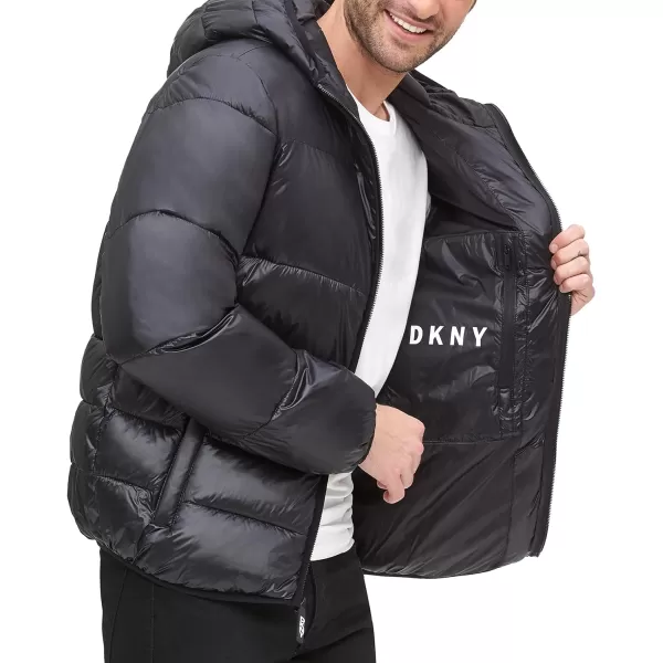 DKNY Mens Water Resistant Ultra Loft Hooded Logo Puffer Jacket Standard and Big amp TallBlack