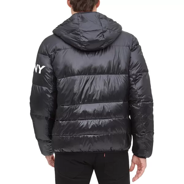 DKNY Mens Water Resistant Ultra Loft Hooded Logo Puffer Jacket Standard and Big amp TallBlack