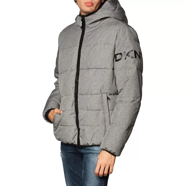 DKNY Mens Water Resistant Ultra Loft Hooded Logo Puffer Jacket Standard and Big amp TallHeather Grey