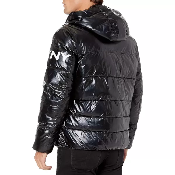 DKNY Mens Water Resistant Ultra Loft Hooded Logo Puffer Jacket Standard and Big amp TallNew Black