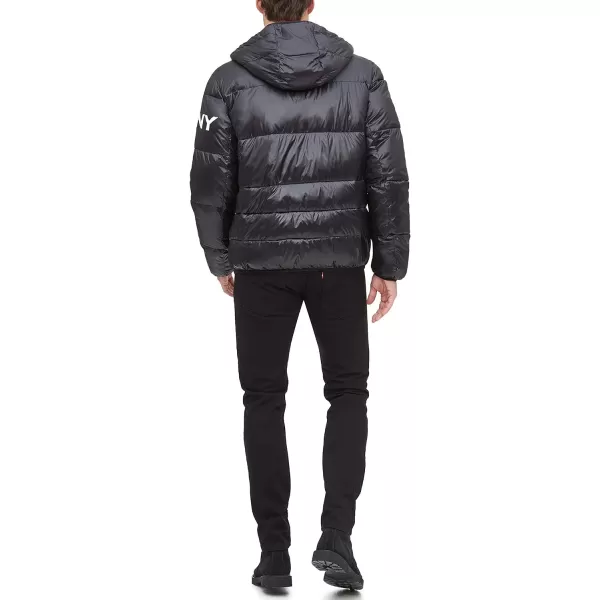 DKNY Mens Water Resistant Ultra Loft Hooded Logo Puffer Jacket Standard and Big amp TallNew Black