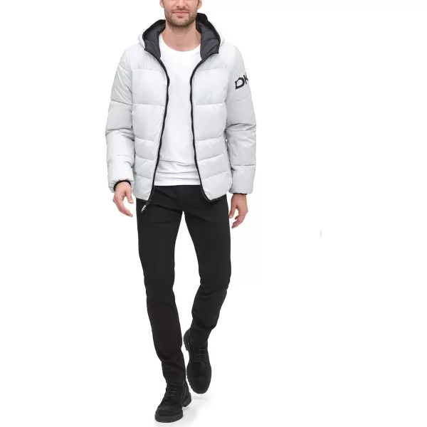 DKNY Mens Water Resistant Ultra Loft Hooded Logo Puffer Jacket Standard and Big amp TallNew Silver