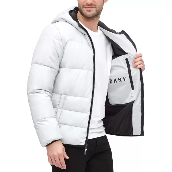 DKNY Mens Water Resistant Ultra Loft Hooded Logo Puffer Jacket Standard and Big amp TallNew Silver