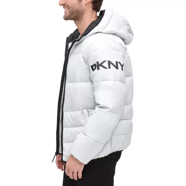 DKNY Mens Water Resistant Ultra Loft Hooded Logo Puffer Jacket Standard and Big amp TallNew Silver