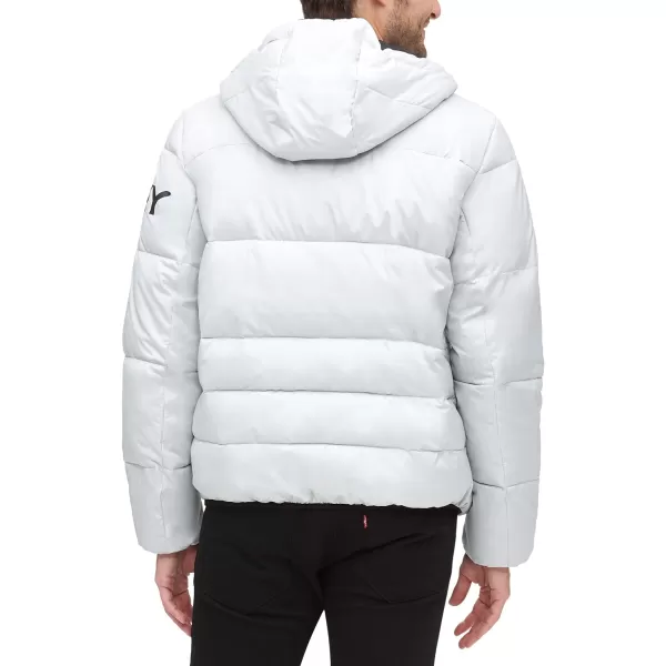 DKNY Mens Water Resistant Ultra Loft Hooded Logo Puffer Jacket Standard and Big amp TallNew Silver