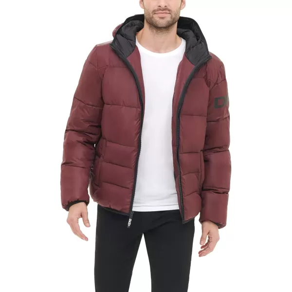 DKNY Mens Water Resistant Ultra Loft Hooded Logo Puffer Jacket Standard and Big amp TallOxblood