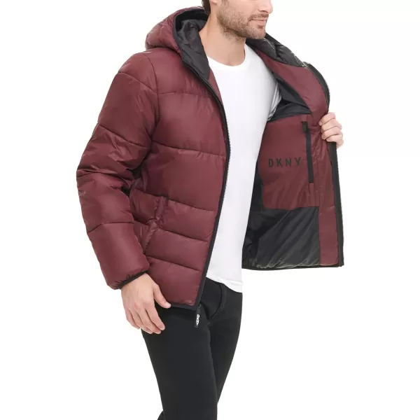 DKNY Mens Water Resistant Ultra Loft Hooded Logo Puffer Jacket Standard and Big amp TallOxblood