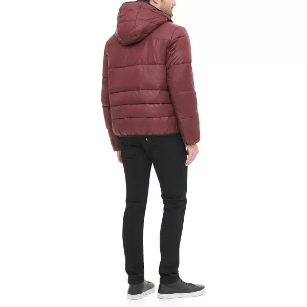 DKNY Mens Water Resistant Ultra Loft Hooded Logo Puffer Jacket Standard and Big amp TallOxblood