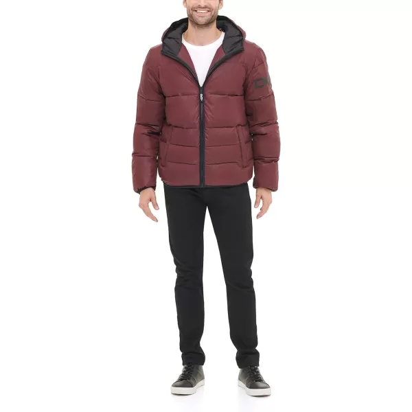 DKNY Mens Water Resistant Ultra Loft Hooded Logo Puffer Jacket Standard and Big amp TallOxblood