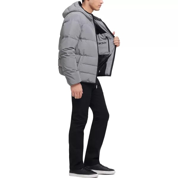 DKNY Mens Water Resistant Ultra Loft Hooded Logo Puffer Jacket Standard and Big amp TallReflective