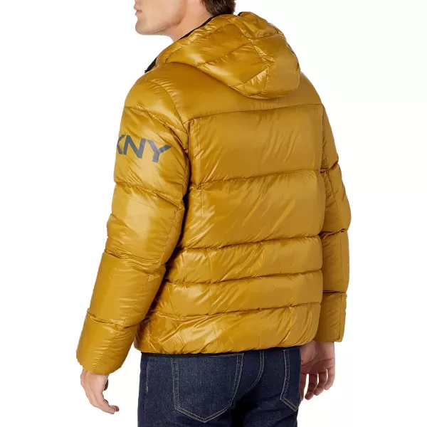 DKNY Mens Water Resistant Ultra Loft Hooded Logo Puffer Jacket Standard and Big amp TallYellow