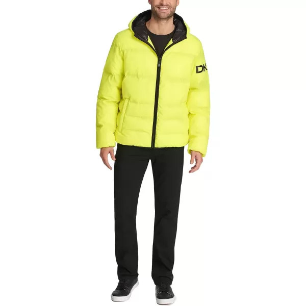 DKNY Mens Water Resistant Ultra Loft Hooded Logo Puffer Jacket Standard and Big amp TallYellow Reflective