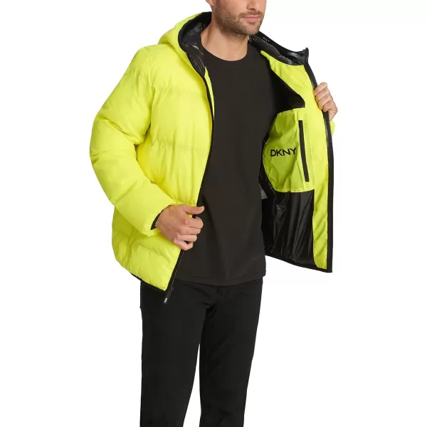 DKNY Mens Water Resistant Ultra Loft Hooded Logo Puffer Jacket Standard and Big amp TallYellow Reflective
