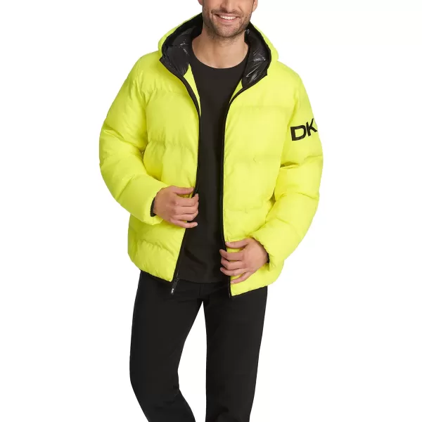 DKNY Mens Water Resistant Ultra Loft Hooded Logo Puffer Jacket Standard and Big amp TallYellow Reflective