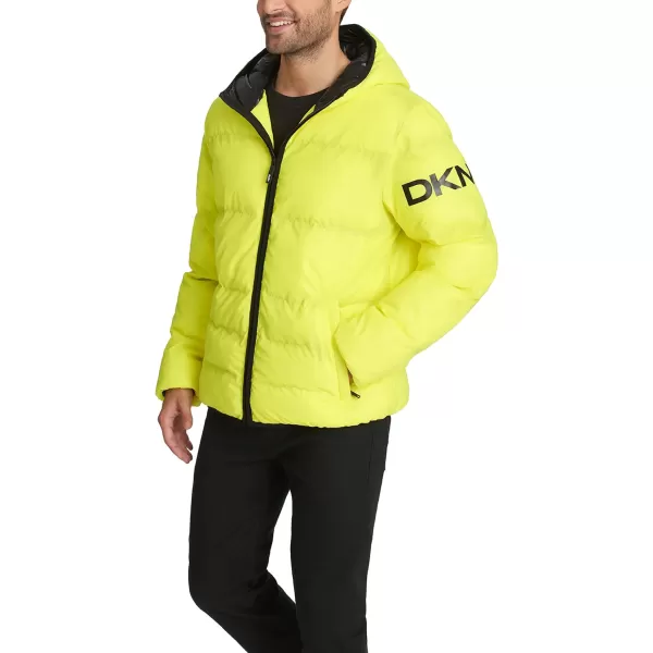 DKNY Mens Water Resistant Ultra Loft Hooded Logo Puffer Jacket Standard and Big amp TallYellow Reflective