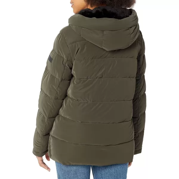 DKNY Womens Faux Fur Lined Hood Puffer JacketLoden