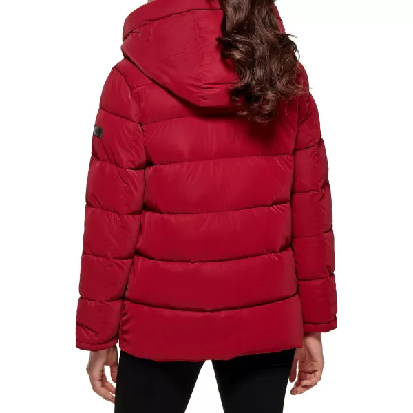 DKNY Womens Faux Fur Lined Hood Puffer JacketRio Red