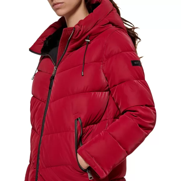 DKNY Womens Faux Fur Lined Hood Puffer JacketRio Red