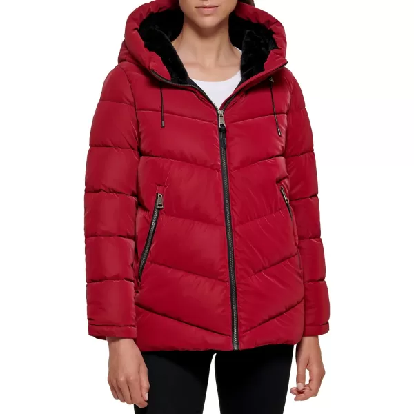 DKNY Womens Faux Fur Lined Hood Puffer JacketRio Red