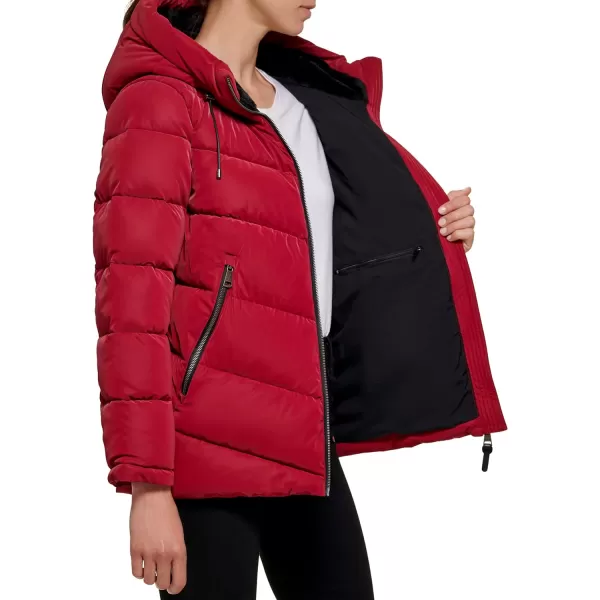 DKNY Womens Faux Fur Lined Hood Puffer JacketRio Red