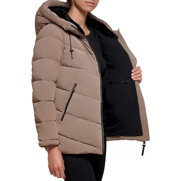 DKNY Womens Faux Fur Lined Hood Puffer JacketTaupe