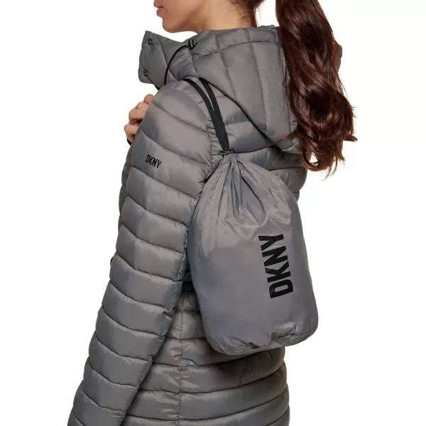 DKNY Womens Long Comfort Soft Packable Puffer Outwear JacketSmoke